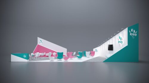 30x50 custom trade show booth featuring LED lighting, interactive displays, and product showcases.