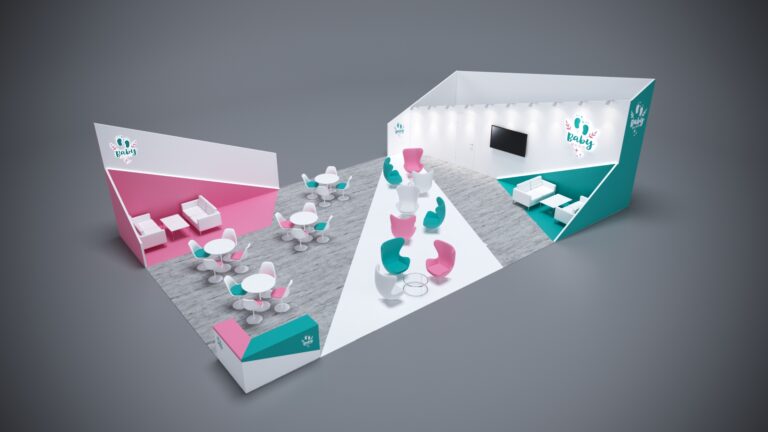 30x50 trade show booth with interactive digital displays, lighting features, and ample product space.