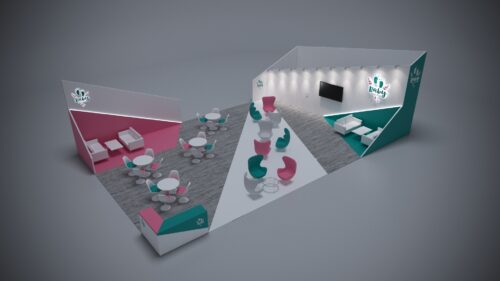 30x50 trade show exhibit with large-scale branding, tech integration, and modern design.