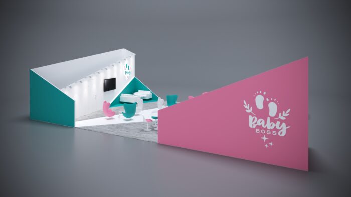 30x50 custom exhibit with integrated storage, counters, and interactive presentation zones.