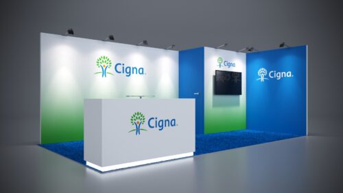 Modern 10x20 trade show exhibit with customizable design options.