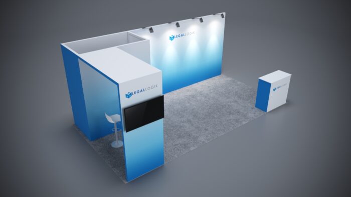 10x20 trade show booth with interactive counters, storage areas, and custom graphics.