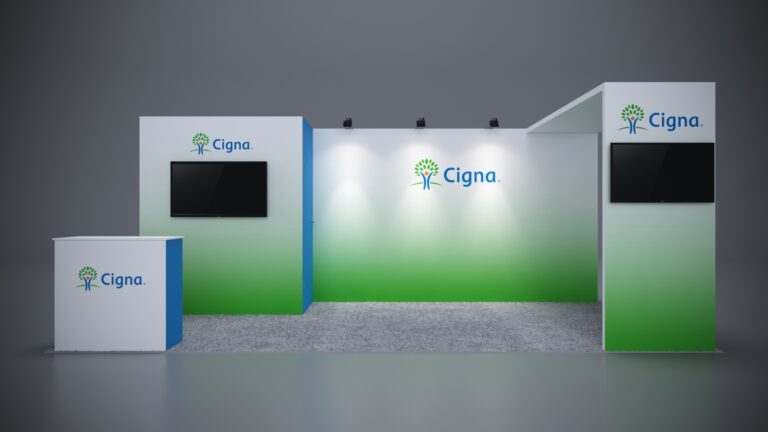 10x20 custom booth design with integrated storage and LED lighting features.