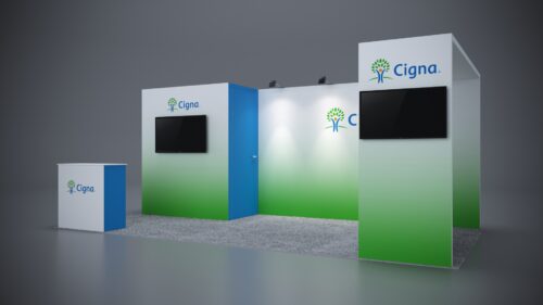 10x20 exhibit rental with sleek design and innovative counter setups for product showcases.