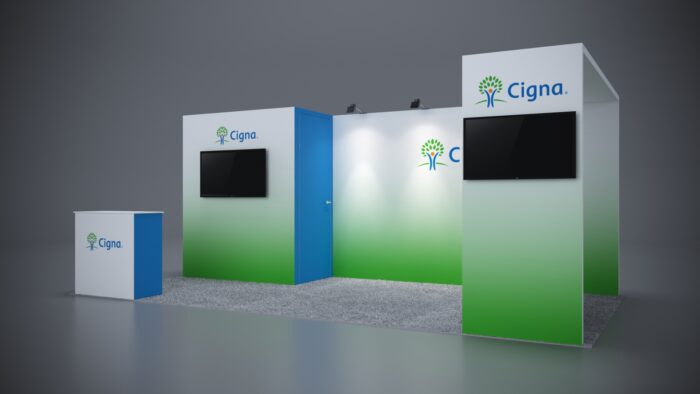 10x20 exhibit rental with sleek design and innovative counter setups for product showcases.