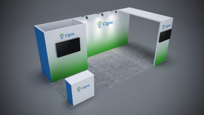 10x20 custom trade show exhibit with LED-lit counters and customized display areas.