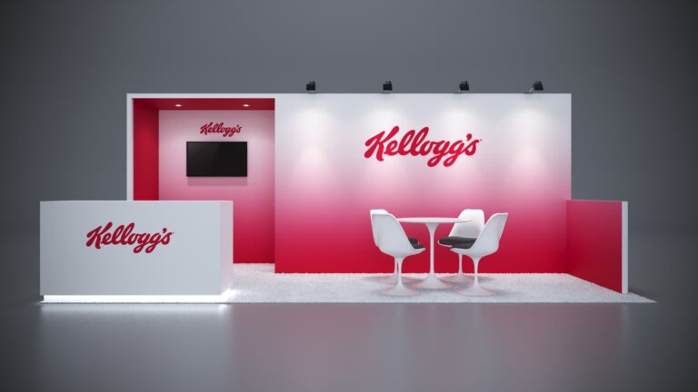 10x20 custom exhibit rental with LED lighting and modular counter solutions.