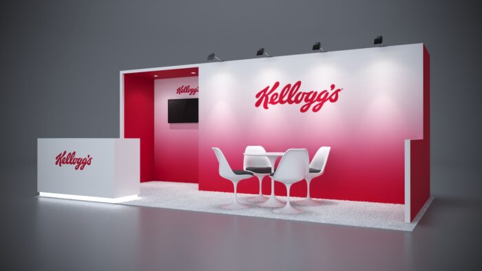 10x20 custom trade show booth with interactive product displays and storage options.