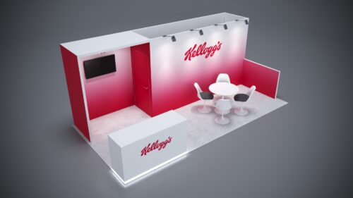10x20 trade show exhibit with high-tech LED lighting and modern counters.
