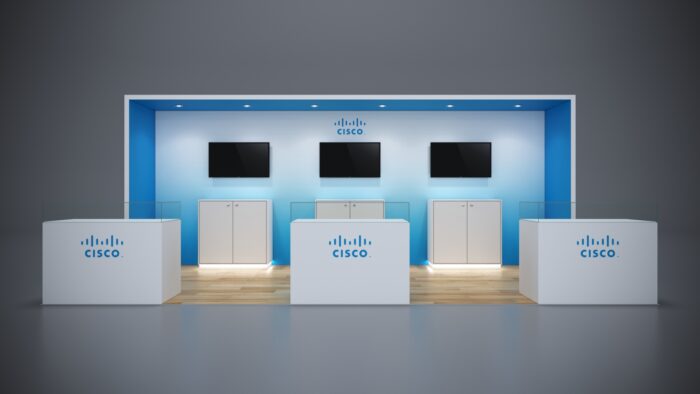 10x20 Trade Show Display Rental 35-01 10x20 custom trade show exhibit with built-in counters for a polished look.