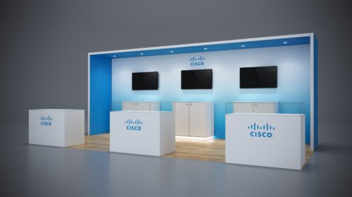 10x20 trade show exhibit with custom graphics and spacious counters.