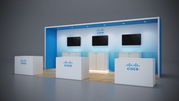 10x20 trade show exhibit with custom graphics and spacious counters.