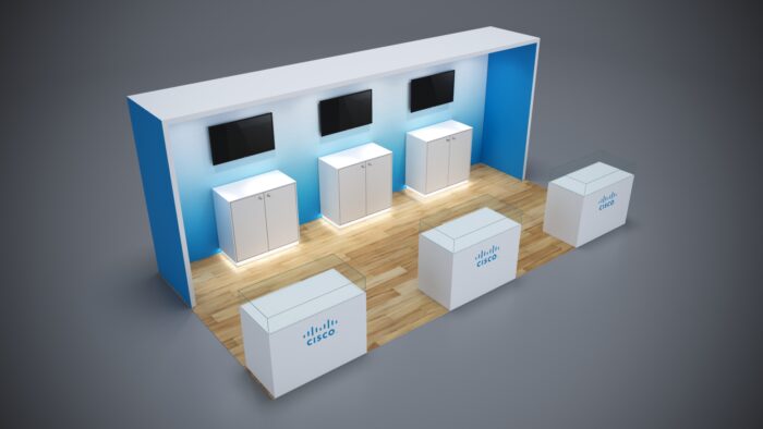 10x20 exhibit rental with modular counters and flexible storage space.