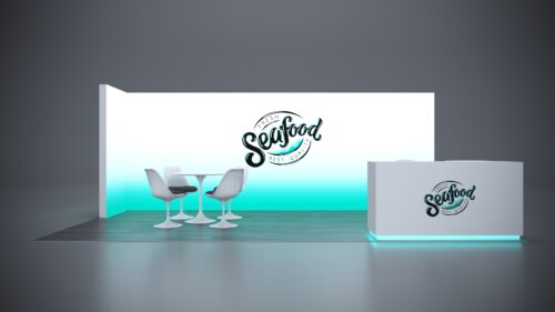 10x20 trade show exhibit with creative counter solutions and LED lighting features.