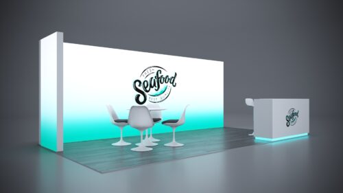 10x20 exhibit rental with high-tech counters and custom branding elements.