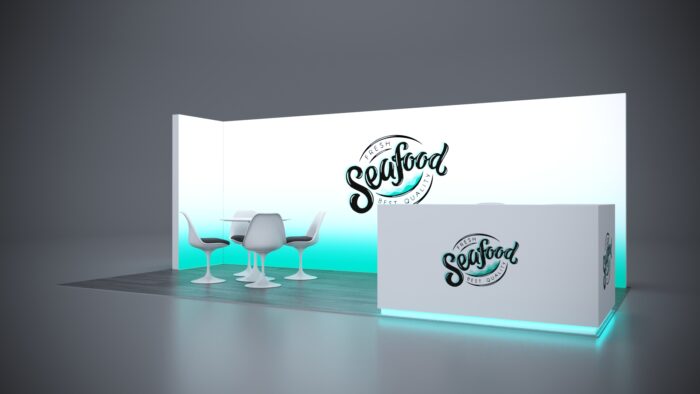 10x20 custom booth design with LED lighting and ample counter space for display.