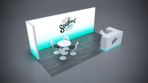 10x20 trade show exhibit with integrated custom counters and LED lighting.