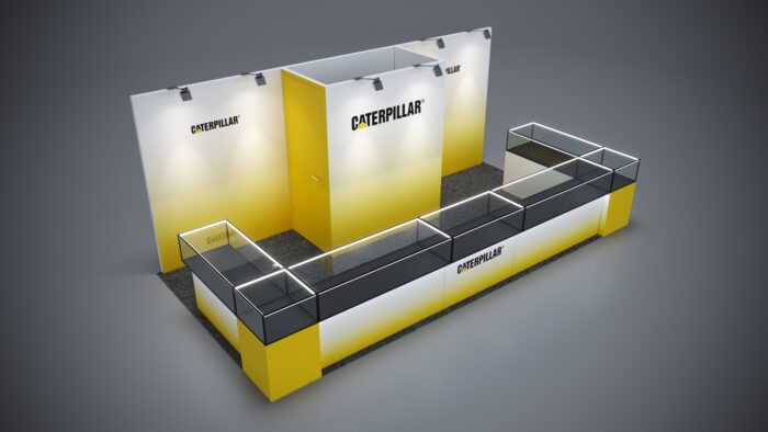 10x20 custom trade show booth featuring modern counters and sleek displays.