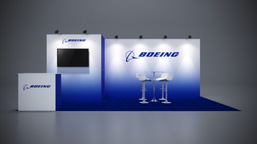 10x20 custom exhibit rental with customizable counters and branding options.