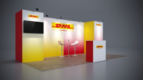 10x20 custom trade show exhibit featuring branded counters and display racks.