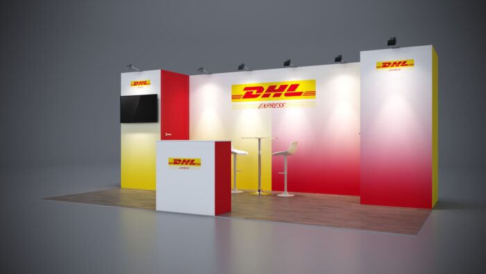 10x20 trade show exhibit with LED lighting and premium custom counters.