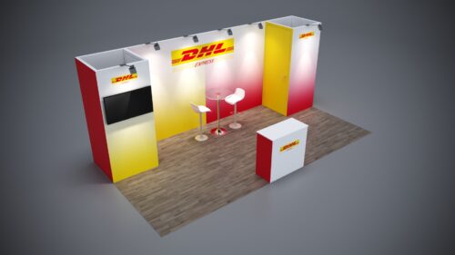 10x20 custom booth design with storage area and product showcase space.
