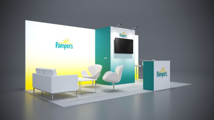 10x20 trade show exhibit with LED lighting and custom branding elements.