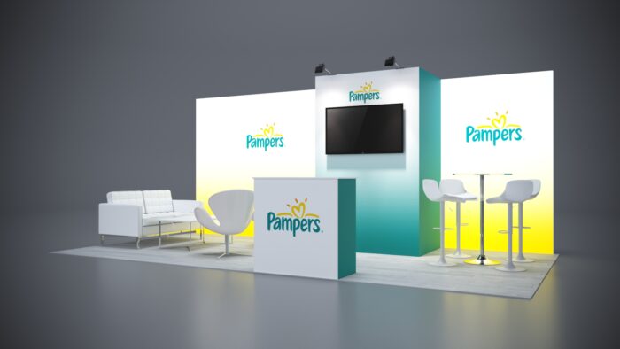 10x20 custom trade show exhibit with interactive touchscreen displays.