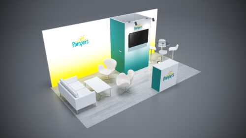10x20 trade show exhibit with integrated storage and product display areas.