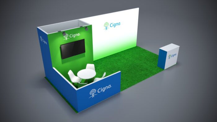 10x20 trade show exhibit with custom counters and branded graphics.