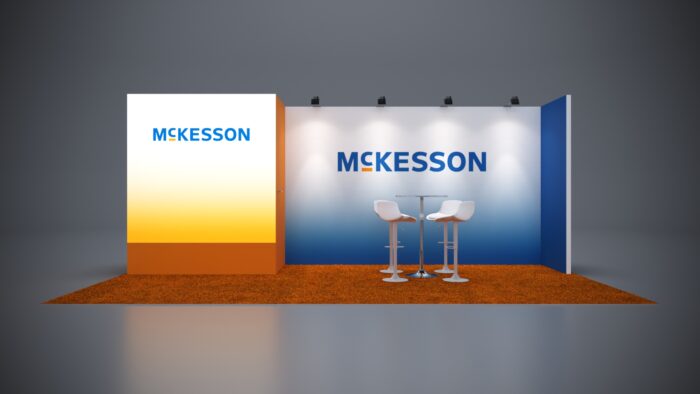10x20 Trade Show Display Rental 42-01 10x20 custom trade show exhibit with counter space and interactive signage.