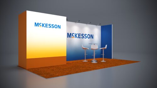 10x20 trade show exhibit with creative storage solutions and functional displays.