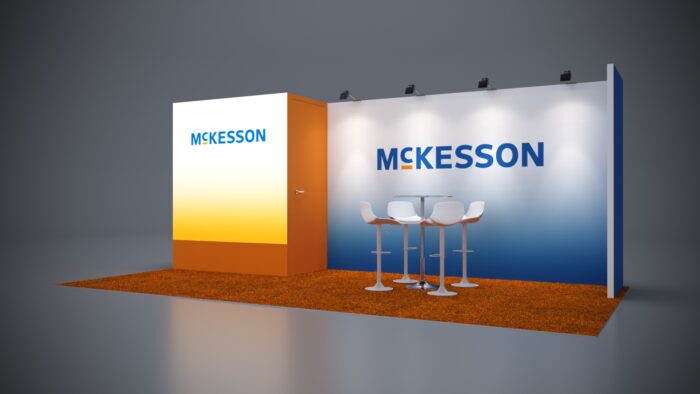 10x20 exhibit rental with LED lighting and branded graphics for high visibility.