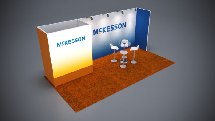 10x20 custom trade show booth featuring modern counters and sleek displays.