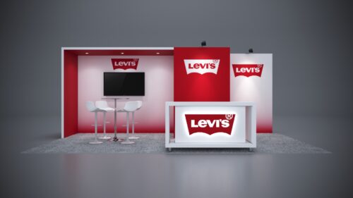 10x20 custom exhibit rental with customizable counters and branding options.
