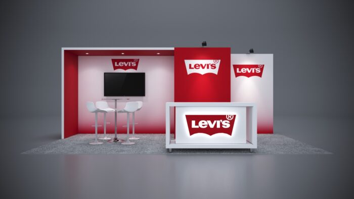 10x20 custom exhibit rental with customizable counters and branding options.