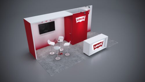 10x20 trade show exhibit with counters for personalized customer interaction.