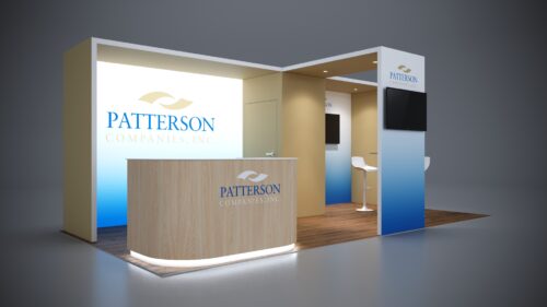 10x20 custom trade show exhibit featuring branded counters and display racks.