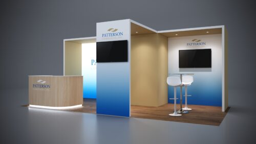 10x20 trade show exhibit with LED lighting and premium custom counters.