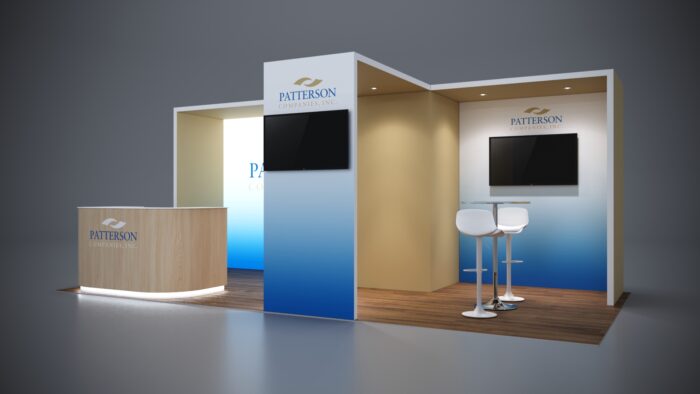 10x20 trade show exhibit with LED lighting and premium custom counters.