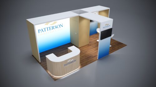 10x20 custom booth design with storage area and product showcase space.