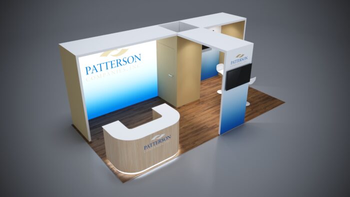 10x20 custom booth design with storage area and product showcase space.
