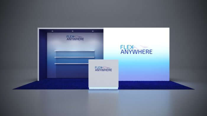 10x20 trade show exhibit with integrated storage space for product storage.