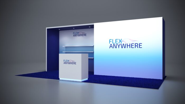 10x20 custom trade show exhibit with sleek counters and product displays.