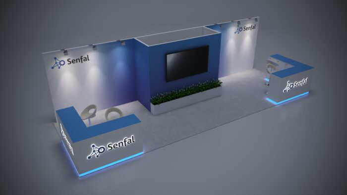 10x30 custom trade show booth with spacious design and interactive touchscreen displays.