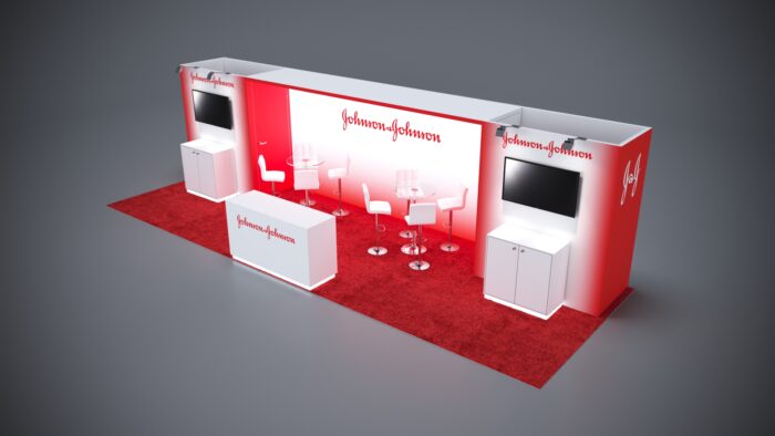 10x30 exhibit rental with integrated counters and dynamic branding solutions.