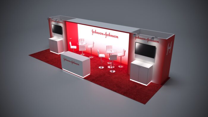 10x30 custom trade show booth with sleek counters and LED lighting integration.