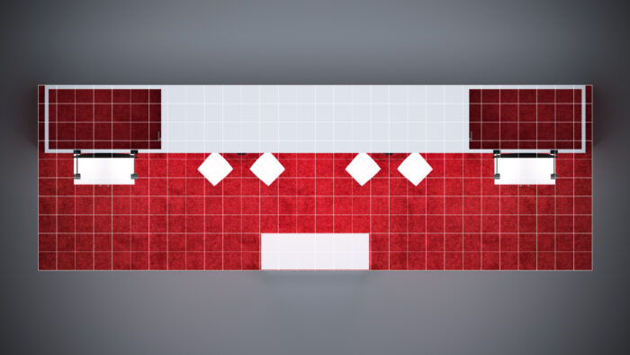 10x30 exhibit rental featuring modern counters and customizable graphics.