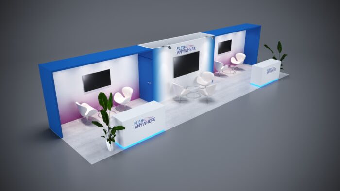 Modular 10x40 trade show exhibit rental with customizable elements.