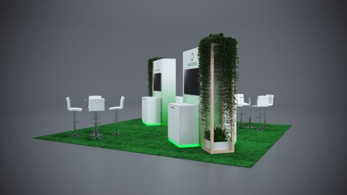 Custom trade show booth featuring a spacious 20x20 design for showcasing products.